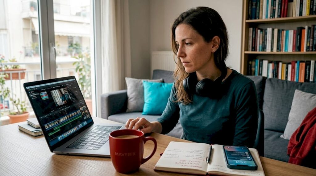 Μια γυναίκα επεξεργάζεται βίντεο για marketing στο laptop της, καθισμένη στην κουζίνα του σπιτιού της.