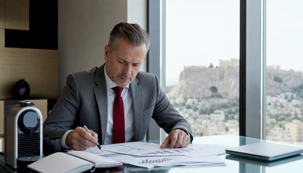 Ένας επιχειρηματίας εξετάζει αναλυτικά τα στοιχεία απόδοσης της εταιρείας του, μελετώντας προσεκτικά τα σχετικά έγγραφα και αξιολογώντας τα αποτελέσματα.