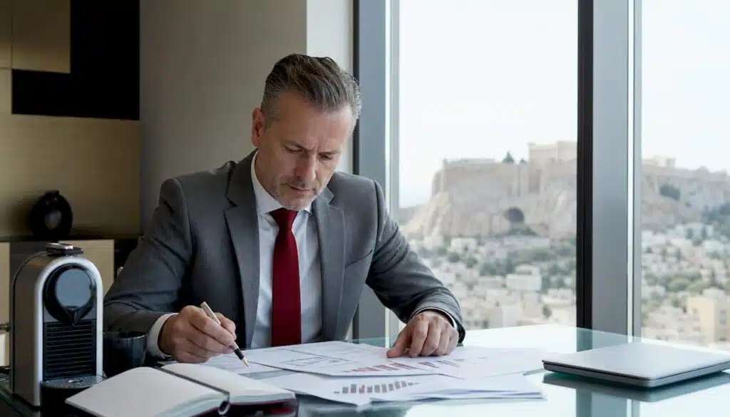 Ένας επιχειρηματίας εξετάζει αναλυτικά τα στοιχεία απόδοσης της εταιρείας του, μελετώντας προσεκτικά τα σχετικά έγγραφα και αξιολογώντας τα αποτελέσματα.