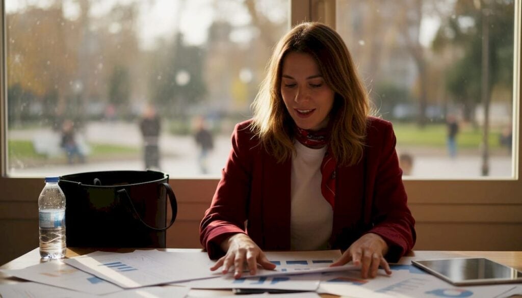Μια γυναίκα μελετάει εκπαιδευτικό υλικό της εταιρείας στο γραφείο της, εστιάζοντας στις οδηγίες και τις διαδικασίες του brand.