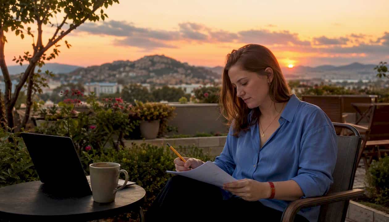Μια γυναίκα σκιτσάρει το storyboard του βίντεο πάνω στο γραφείο της, οργανώνοντας κάθε σκηνή με προσοχή.