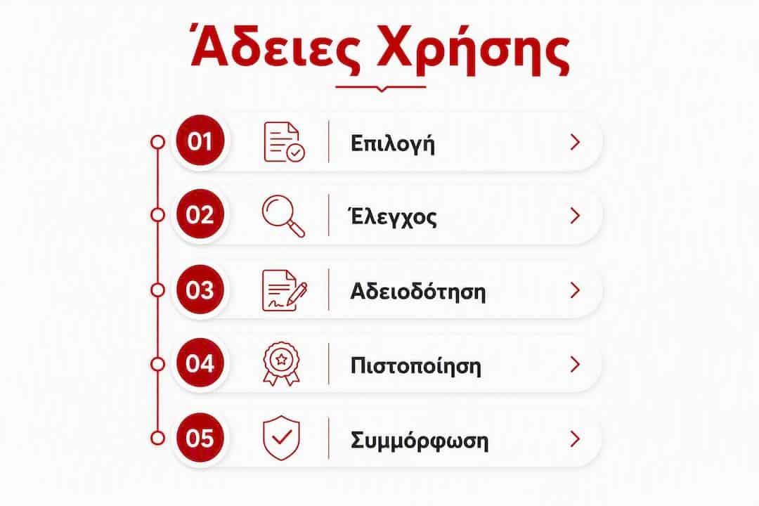 Εικονογραφημένη παρουσίαση με τα βασικά στάδια της διαδικασίας απόκτησης άδειας για γραμματοσειρές