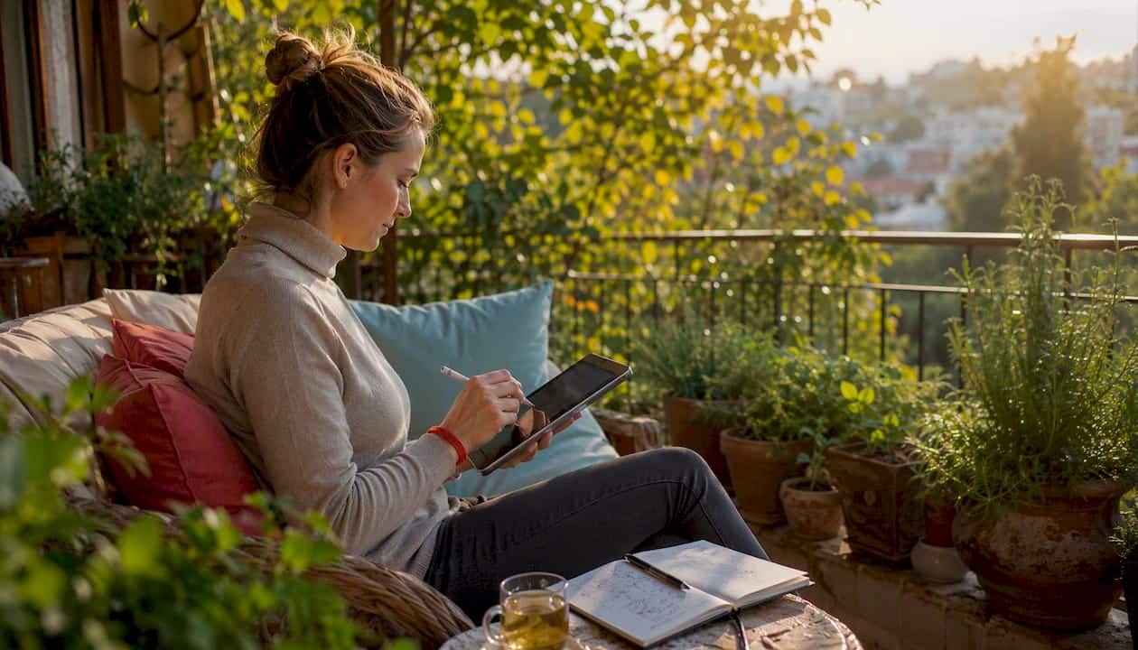 Μια γυναίκα εργάζεται όρθια στο γραφείο της, δημιουργώντας και οργανώνοντας διαφορετικά είδη περιεχομένου.